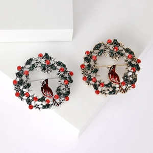 Christmas Wreath Brooch Alloy Rhinestone Red Cardinal Bird Enamel Lapel Pin Vintage Holiday Brooches For Women