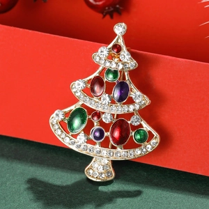Broche sapin de Noël évidée en alliage émaillé avec gemmes colorées et strass