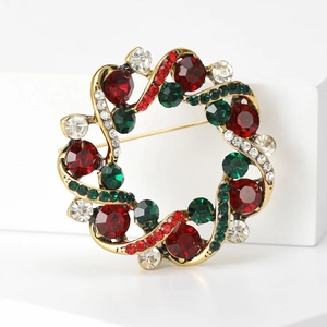 Broche couronne dorée avec strass rouges et verts pour manteaux et foulards