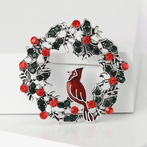 Christmas wreath and cardinal bird brooch in silver alloy with red and green rhinestones