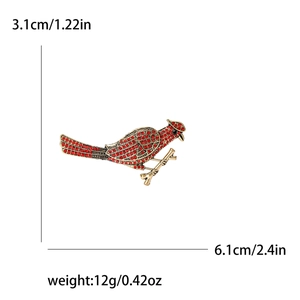 Spilla uccello cardinale rosso con strass scintillanti su ramo dorato, misura 6,1cm