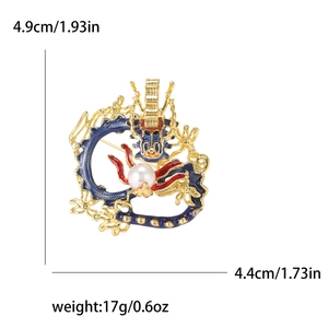 Cartoon Chinese dragon brooch in gold alloy with blue enamel and pearl, 4.9cm x 4.4cm