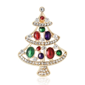 Broche sapin de Noël dorée avec pierres précieuses colorées et accents de zircone