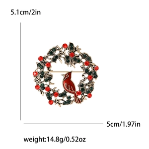 Christmas wreath brooch with red cardinal bird in gold alloy and colorful rhinestones