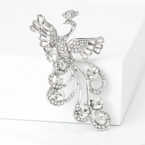 Elegant silver phoenix brooch with sparkling white rhinestones for formal suits and sweaters