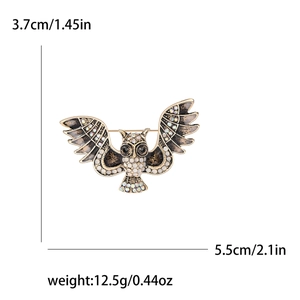 Golden owl brooch with white and iridescent rhinestones for women, 1.45 by 2.1 inches