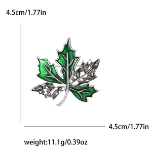Broche feuille d'érable en argent avec émail vert et cristaux gris, taille 4,5 cm