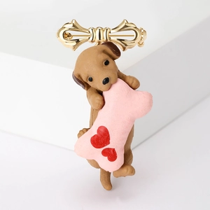 Cute Creative Puppy Holding Heart Bone Alloy Brooch Enamel Animal Pin For Clothing Accessories Fashion Bowknot Jewelry