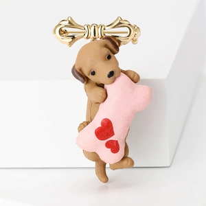 Cute brown dog brooch with pink heart bone and golden bow tie pin accessory