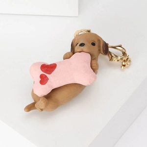 Cute brown puppy enamel brooch with pink heart bone and golden lobster clasp