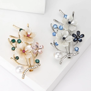 Elegant Alloy Flower Branch Brooch With Faux Artificial Pearl Rhinestone Enamel Peach Blossom Pin For Women Clothing Accessories