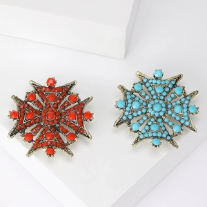 Broche Croix de Malte Vintage pour Femmes Alliage Or Antique Étoile à Huit Branches Turque Strass Bohème Ethnique Bijoux