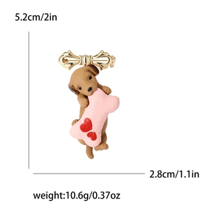 Cute puppy alloy brooch with pink bone and golden bow, 5.2cm high for unisex clothing