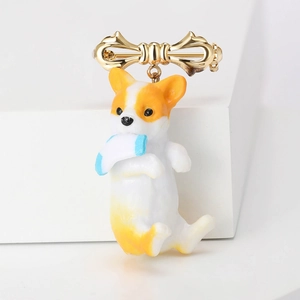 Creative corgi dog brooch with golden bow pendant and colorful enamel finish