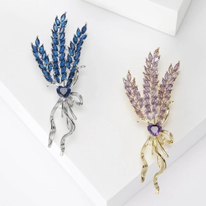Korean Fashion Micro-set Zirconia Wheat Ear Brooch Elegant Copper Heart Ribbon Pin For Women Suit Coat Clothing Accessory