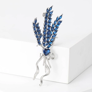 Elegant wheat ear brooch with blue marquise crystals and heart stone on silver base