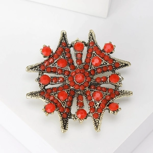Gros plan d'une broche étoile vintage dorée avec cristaux rouges sur socle blanc
