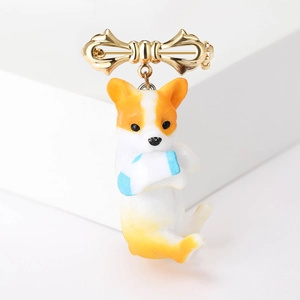 Cute Cartoon Corgi Dog Brooch For Women Alloy Enamel Drip Oil Bowknot Animal Pin Gold Plated Fashion Jewelry Accessories