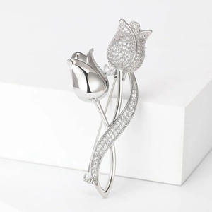Elegant silver tulip brooch featuring polished mirror finish and shimmering zircon stones