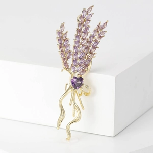 Elegant gold wheat brooch with purple marquise zircon and heart gemstone for suits
