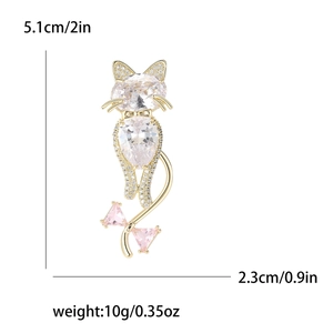 Cute golden cat brooch with zircon crystals, dimensions 5.1cm height and 2.3cm width