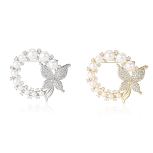 Elegant zircon butterfly wreath brooch with freshwater pearl in gold and silver finish