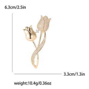 Elegant gold tulip brooch with zircon pavé and polished petals for suits and dresses
