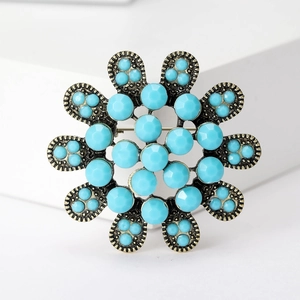 Détails de la broche fleur rétro avec perles bleu ciel et texture métallique en bronze