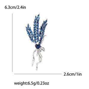 Wheat ear brooch with blue marquise zircon and heart stone, measures 6.3cm by 2.6cm