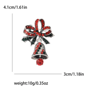 Kerstbel broche met fonkelende strassteentjes en rode strik, afmeting 4,1cm x 3cm