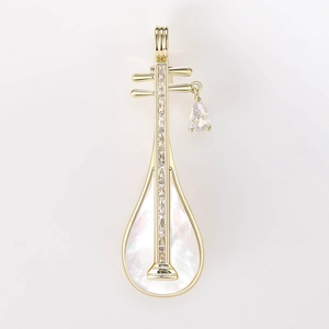 Elegant gold pipa musical instrument brooch with white mother of pearl and zircon stones