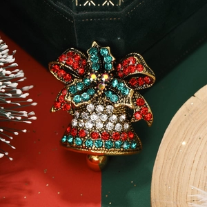 Vintage Christmas Bell Brooch Alloy Rhinestone Enamel Bowknot Christmas Tree Pin Jewelry Festive Corsage Gift For Women