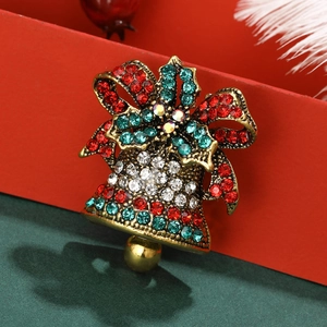 Vintage Christmas bell brooch with red and green rhinestones on gold alloy base