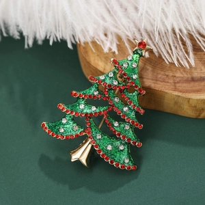 Fashion alloy Christmas tree brooch with green enamel and sparkling red and white rhinestones