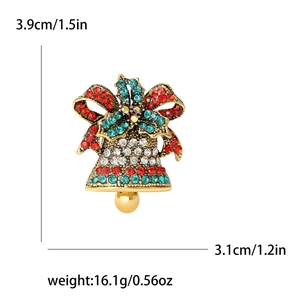 Vintage Christmas bell brooch with red and green rhinestones on gold alloy base