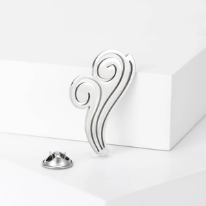 Polished stainless steel cloud-shaped spiral brooch with butterfly clasp on white background