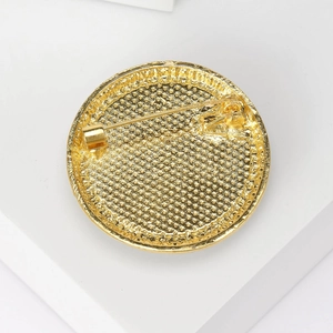 Vintage Tibetan style golden round flower brooch with back safety pin closure detail