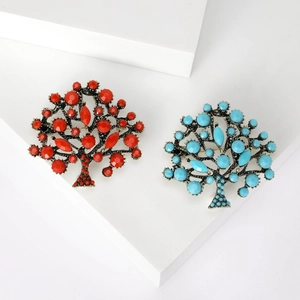 Vintage Alloy Tree Of Life Brooch For Women Red Turkish Blue Rhinestone Inlaid Fashion Plant Tree Pin Jewelry Accessory