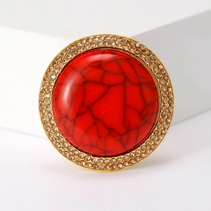 Vintage Tibetan style red turquoise flower brooch with gold plating and sparkling rhinestones