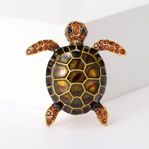 Vintage gold turtle brooch with amber rhinestones and brown enamel shell design