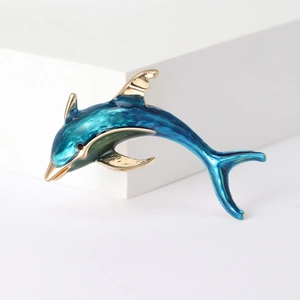 Fashion Alloy Dolphin Brooch For Women Blue Gradient Enamel Animal Shape Gold Plated Pin Badge Jewelry Gift Accessory