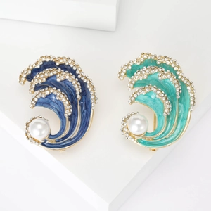 Elegant Sea Wave Alloy Brooch Enamel Drip Oil Rhinestone Artificial Pearl Scarf Clip For Women Jewelry Artistic Accessories Gift