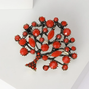 Vintage gold tree of life brooch with red gemstones and pearls for stylish women