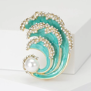 Creative wave-shaped ocean brooch with blue enamel, sparkling rhinestones, and white pearl