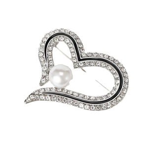 Broche élégante en forme de cœur ornée de strass et d'une perle blanche au centre