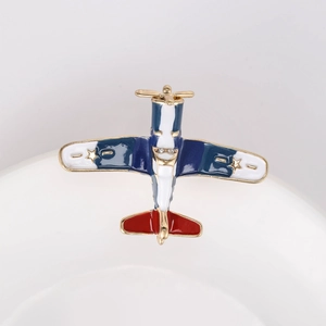 Broche avion russe vintage minimaliste en émail bleu avec étoile dorée et strass brillants