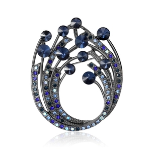 Exquisite oval rhinestone brooch with blue gradient crystals on black plating metal