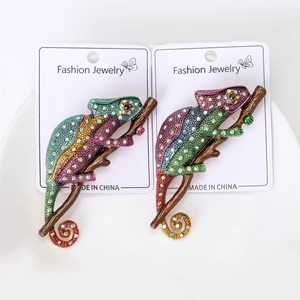 Detailed view of chameleon brooches with vibrant rhinestones and fashion jewelry cards