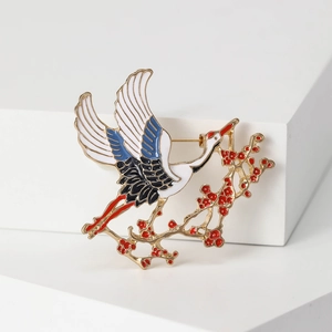 Elegant Chinese crane and plum blossom enamel brooch pin for women suit accessory