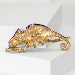 Elegant rhinestone chameleon brooch in gold-plated alloy with colorful enamel detailing